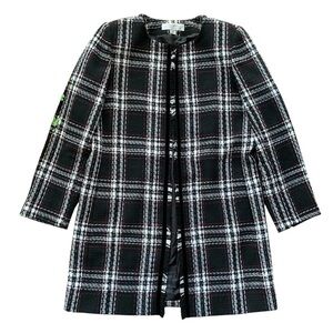 Tahari ASL Levine Plaid Check Fringe Velvet Trim Long Jacket Black White Size 10